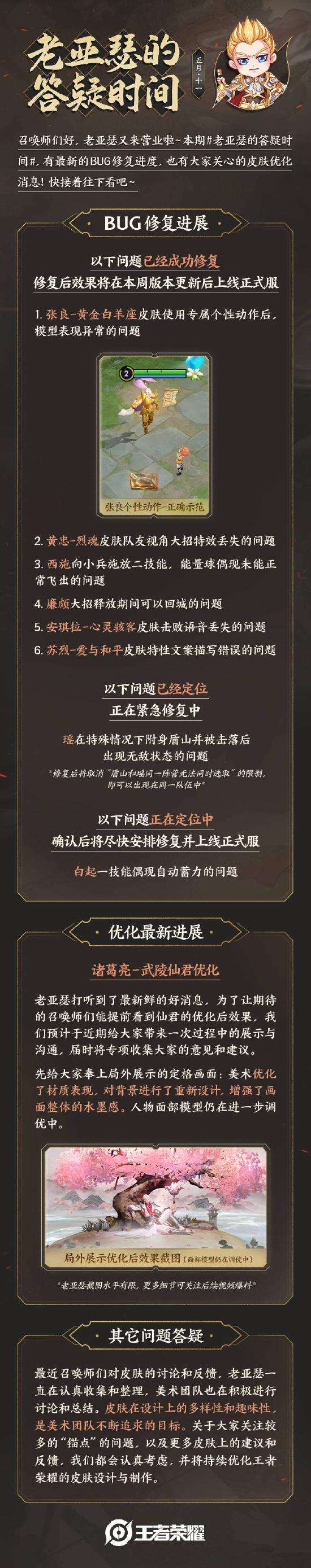 本期《老亚瑟的答疑时间》，带来最新Bug修复进度及皮肤优化消息